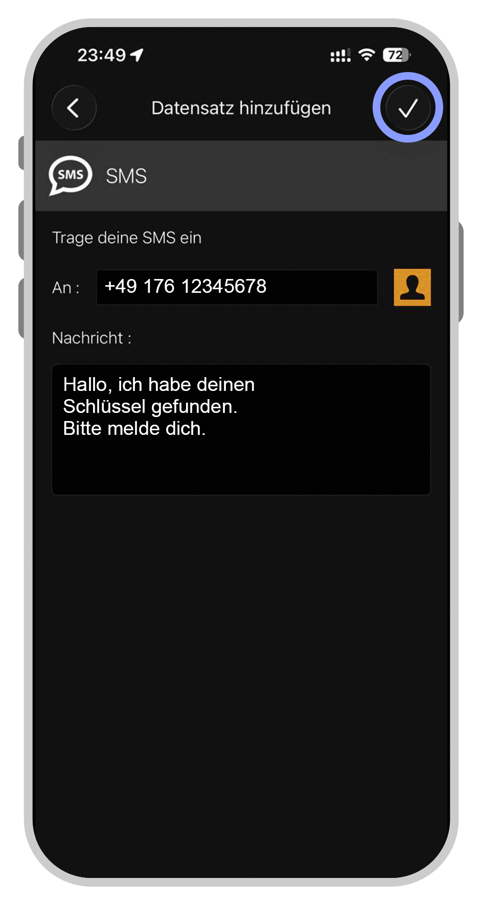 SMS - Speichern Sie mit dem Haken.