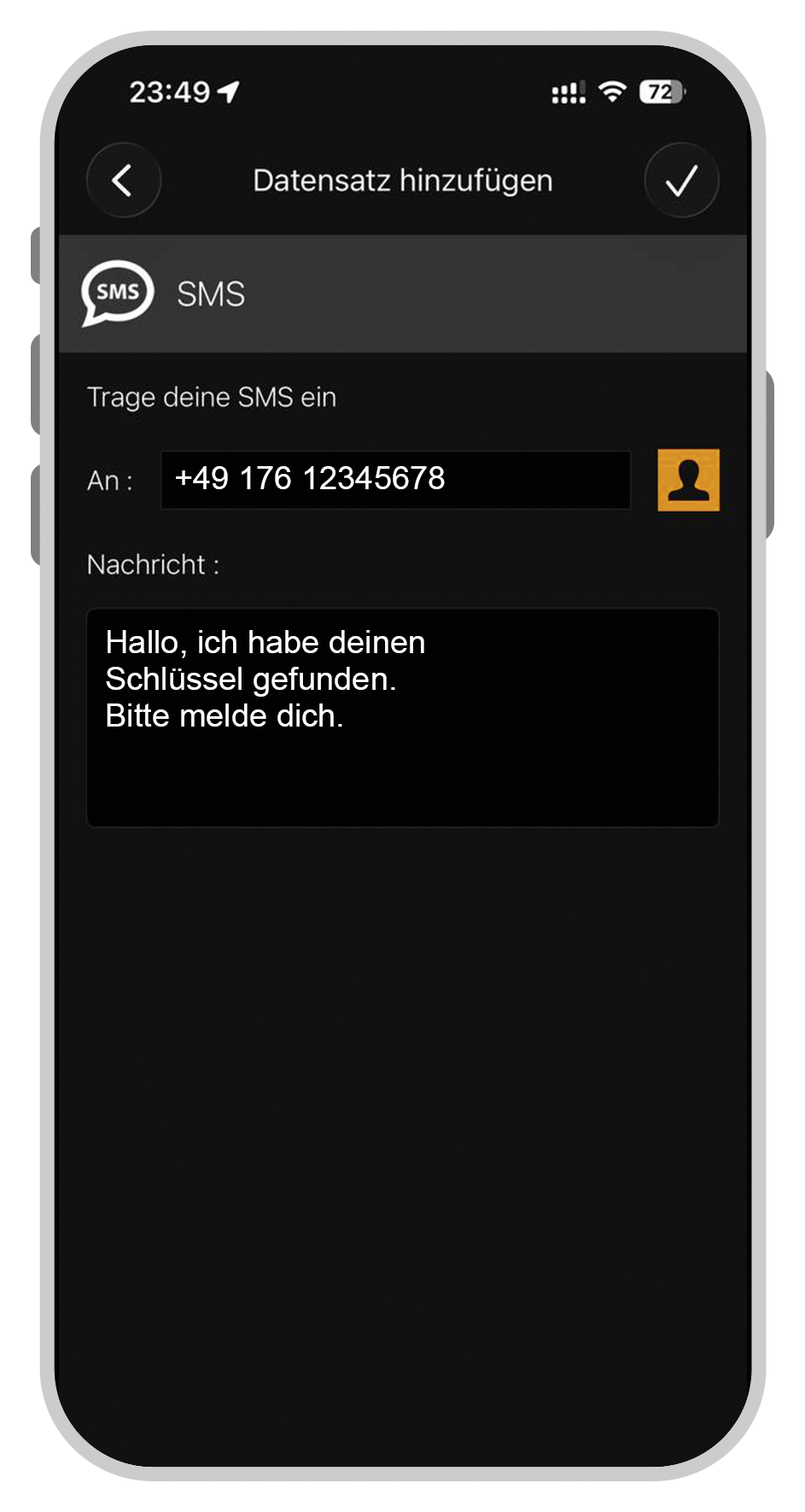 SMS - Geben Sie die Telefonnummer ein, z. B. +491701234567