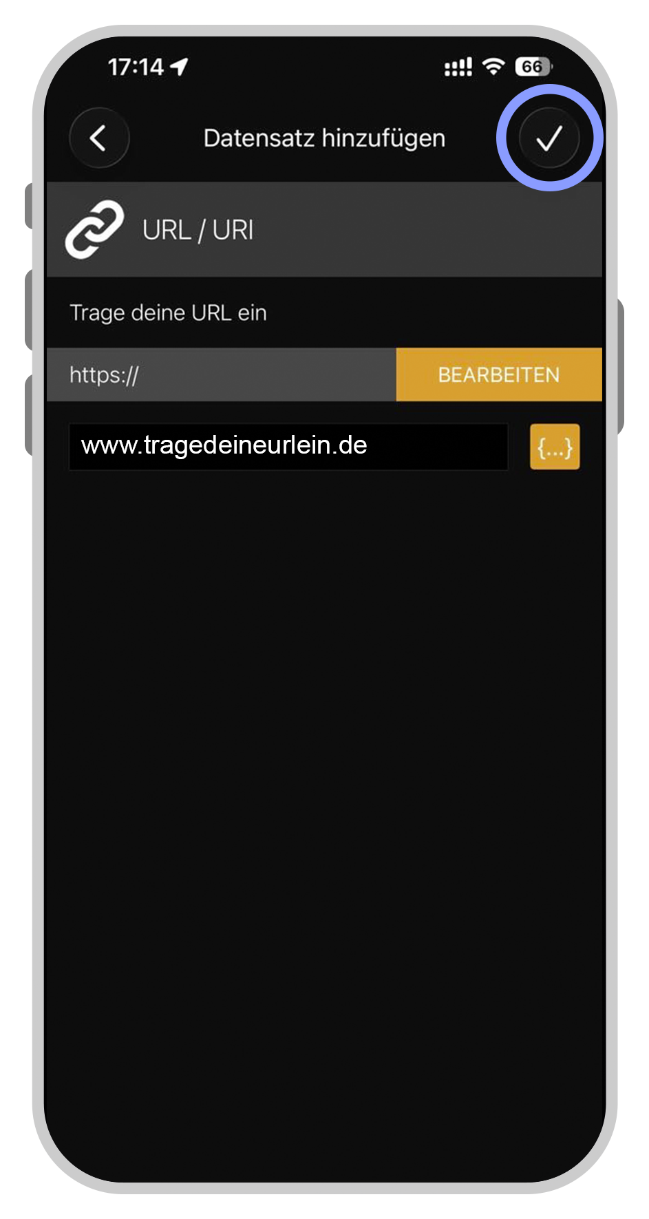 URL / Webseite - Bestätigen Sie mit dem Haken oben rechts.