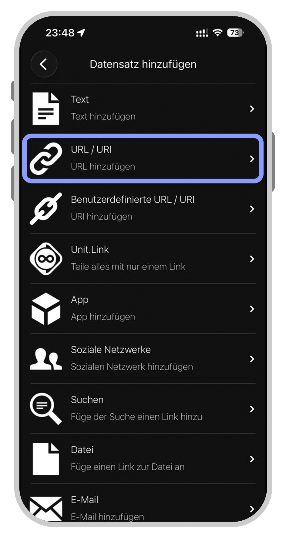 URL / Webseite - Wählen Sie „URL / URI“ aus.