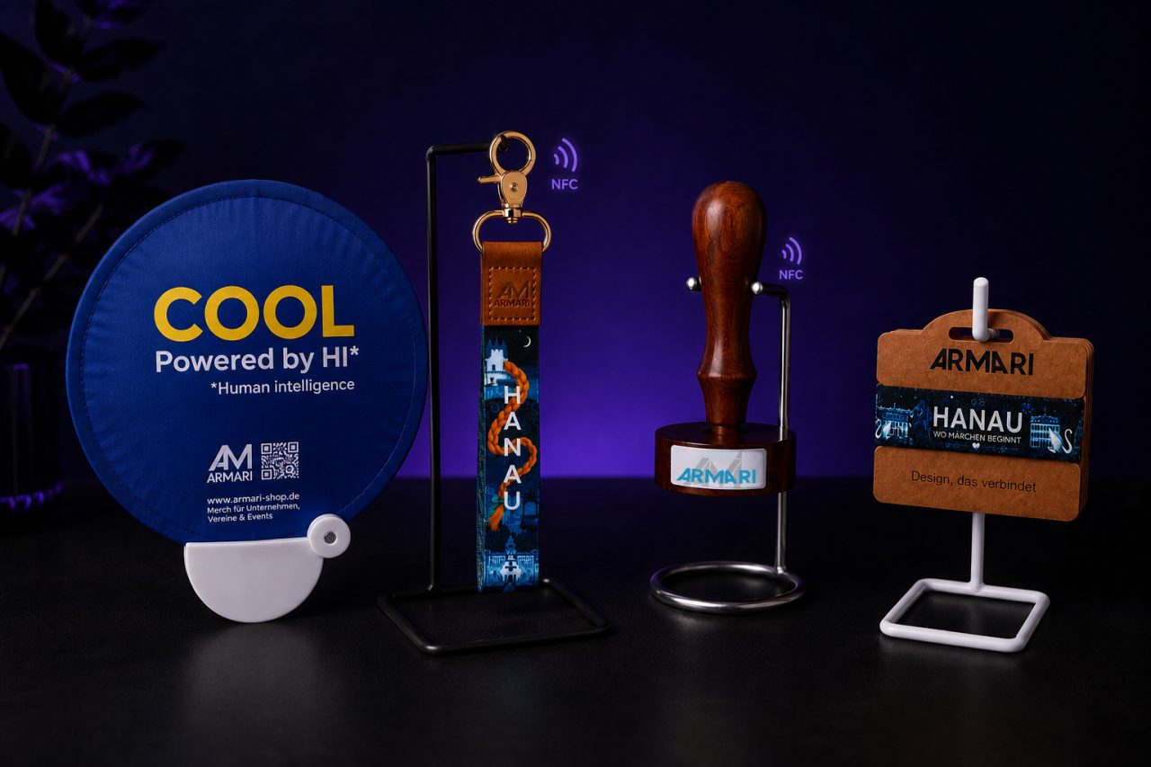 ARMARI Produkte im Display: Stoff-Fächer, Hanau NFC-Schlüsselanhänger, NFC-Stempel und Hanau Armband